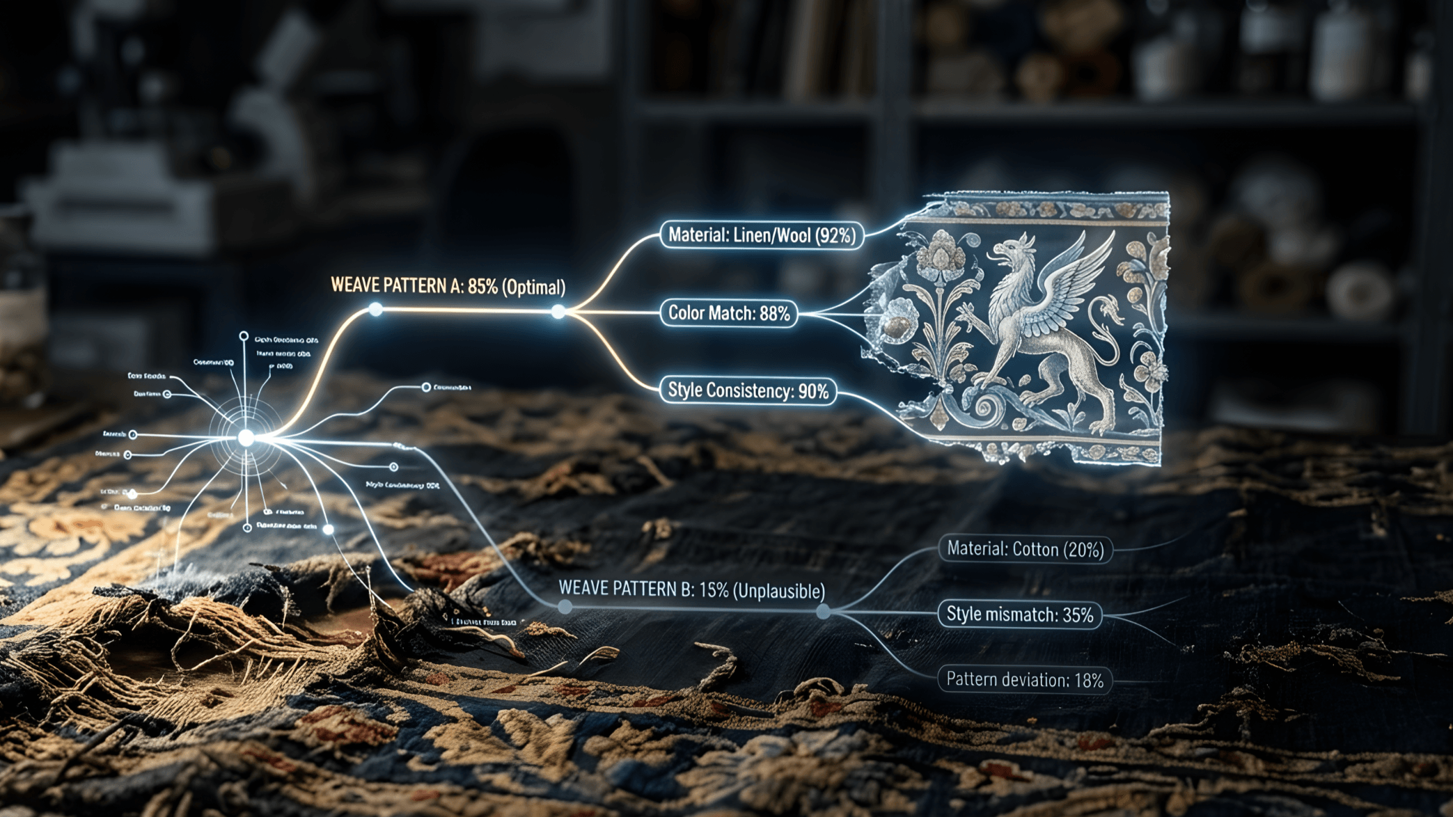 Auf einem Tisch ist ein alter beschädigter Wandteppich ausgebreitet, ein Hologram zeigt prozentuale Übereinstimmungen zur Einordnung des Stoffes